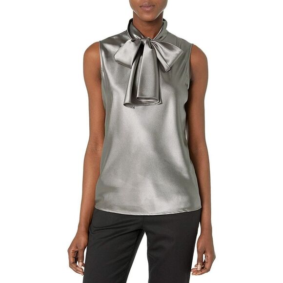 New! NINE WEST Women's Charmeuse Tie-Neck Top Blouse Size XS Color Platinum - Picture 2 of 3